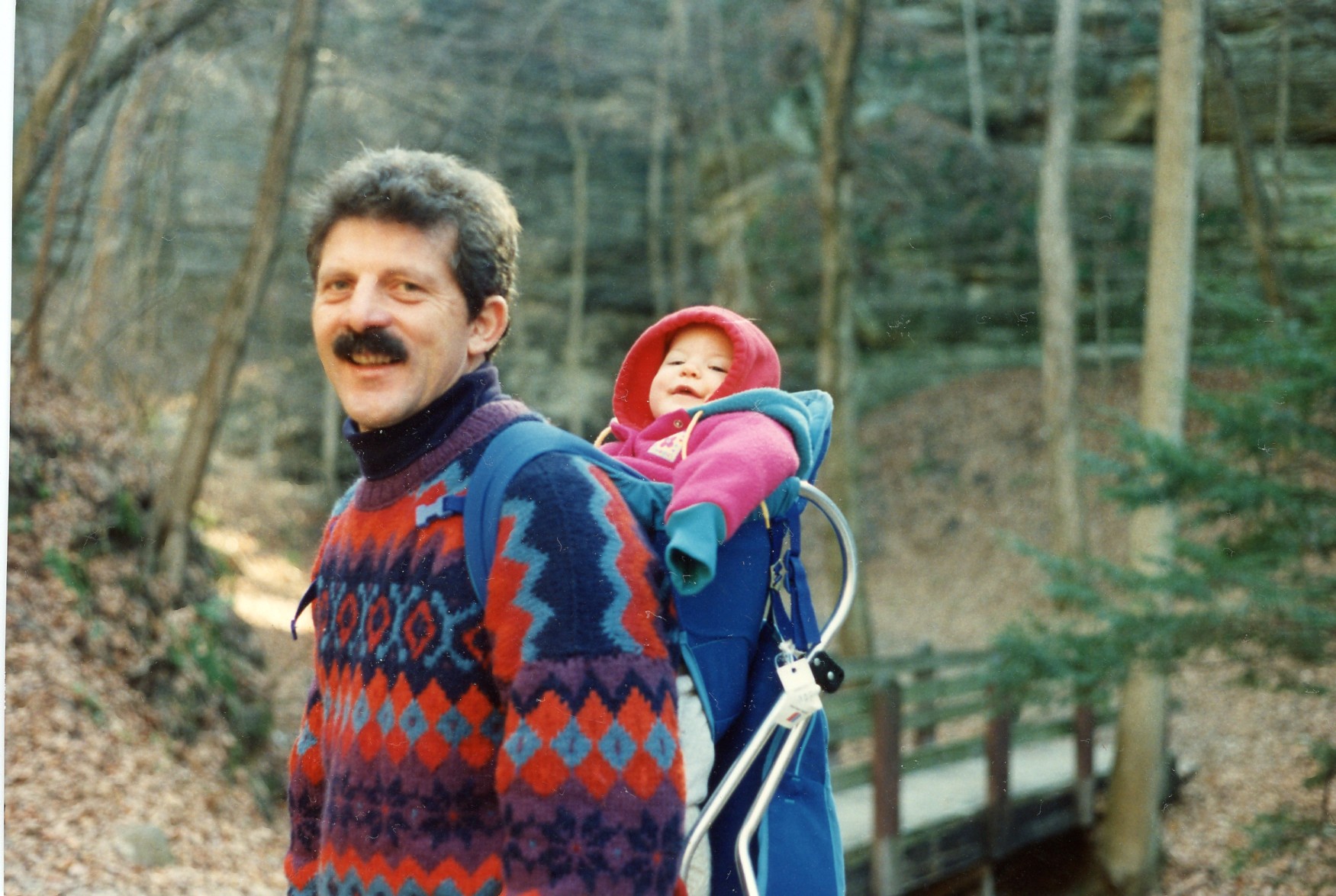Francesco carrying Sarah in the Foresta Umbra in 1994